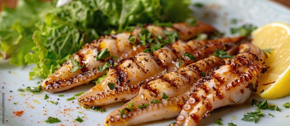 Fresh Grilled Squid With Lemon And Lettuce Fresh Grilled Squid With Lemon And Lettuce