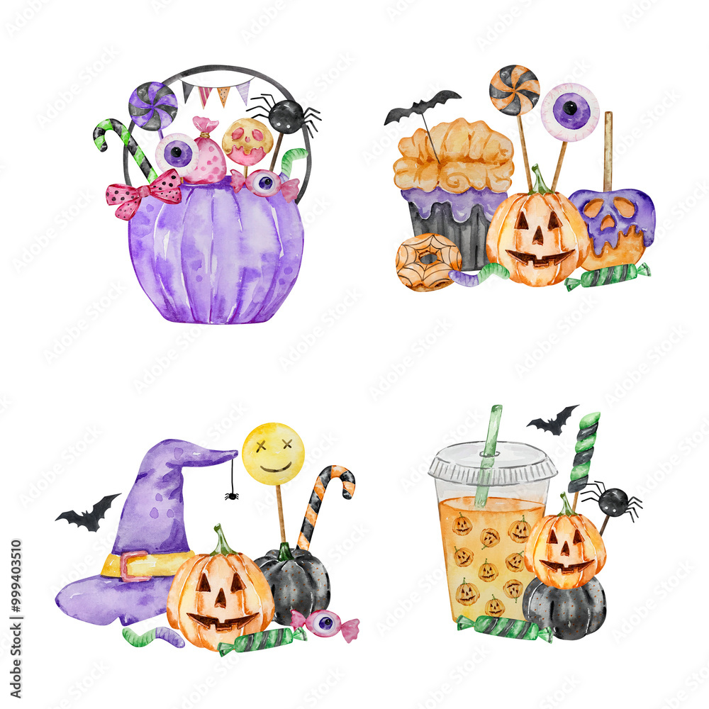 Fototapeta premium Watercolor Cute Halloween Candy set For Party Design