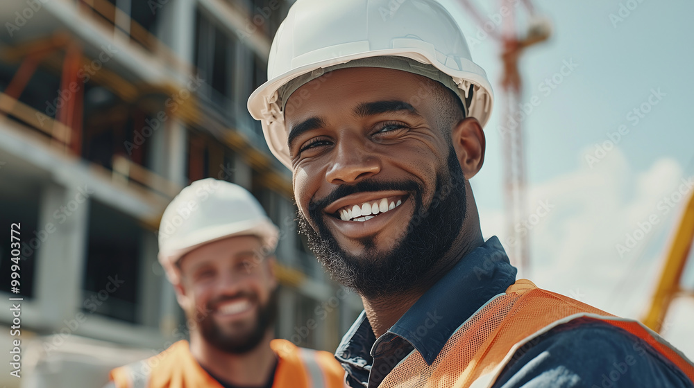Happy Construction Workers Smiling at a Job Site in the Afternoon Sun Happy Construction Workers Smiling at a Job Site in the Afternoon Sun