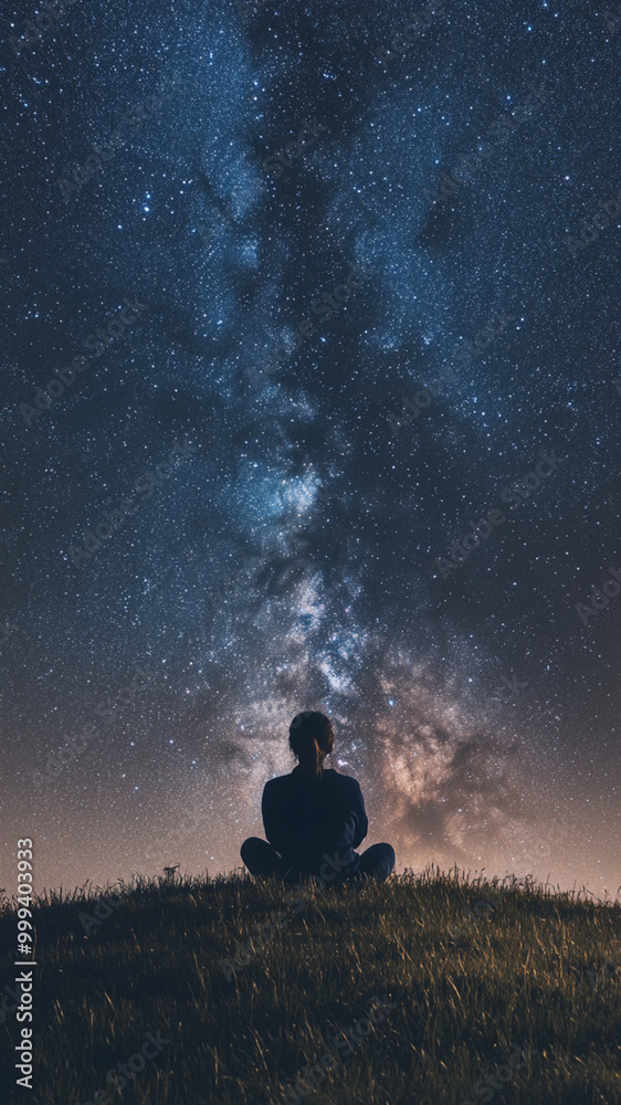 A person sitting alone on a grassy hill, gazing up at the vast, star-filled sky. The Milky Way stretches across the heavens, and the figure seems small compared to the infinite cosmos, yet filled with A person sitting alone on a grassy hill, gazing up at the vast, star-filled sky. The Milky Way stretches across the heavens, and the figure seems small compared to the infinite cosmos, yet filled with