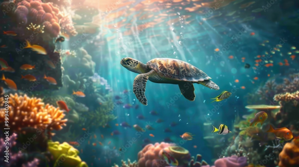 Naklejka premium Sea Turtle Gliding Through Vibrant Coral Reef with Colorful Fish and Sunlit Waters