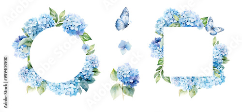 Fototapeta Naklejka Na Ścianę i Meble -  Frames with watercolor blue hydrangea set
