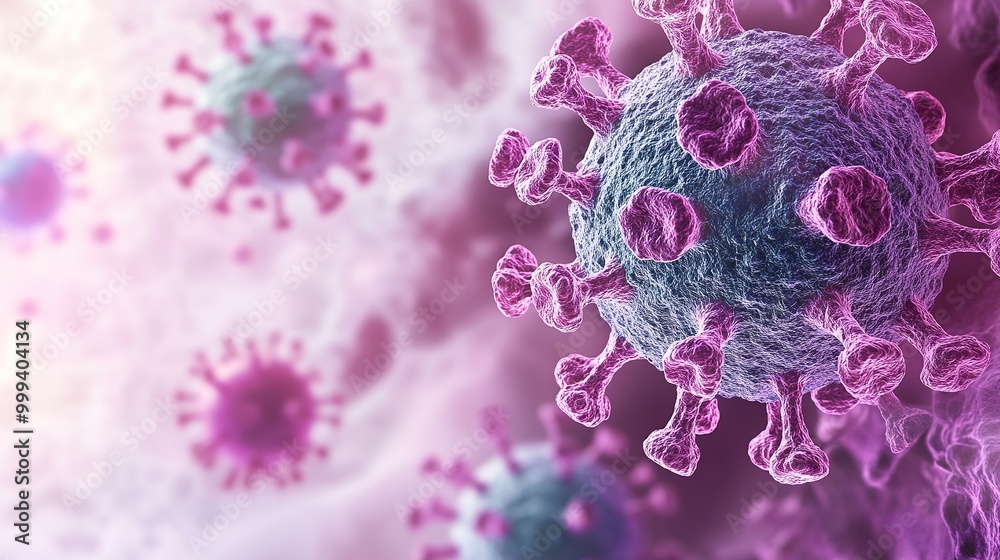 3D render of virus particles with detailed spike proteins