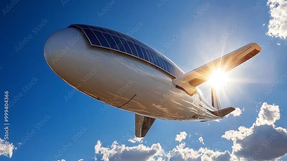 Obraz premium Solar Powered Airplane Flying in Blue Sky with Clouds