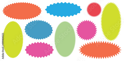 Colorful zigzag labels. Colorful zigzag edge circle and oval shapes. Colorful oval shape frame with jagged edges. Graphic design elements for decoration banner, poster, template, sticker, badge