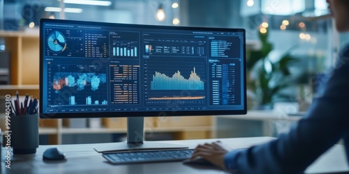 Professional Woman is Engaged in Analyzing Data on a Computer in a Modern, WellEquipped Office Environment, Showcasing Expertise