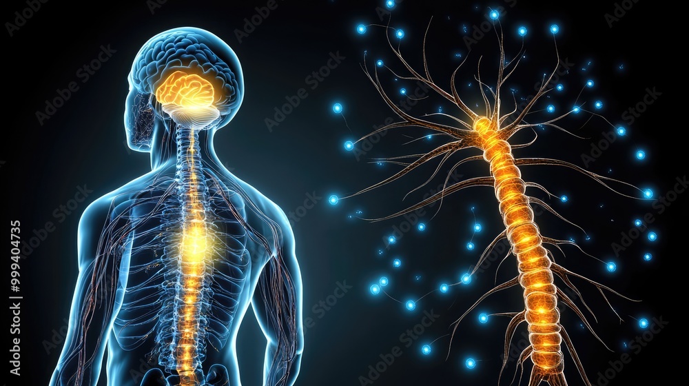 Nervous system, brain and spinal cord highlighted, intricate neuron pathways, 3D illustration Nervous system, brain and spinal cord highlighted, intricate neuron pathways, 3D illustration