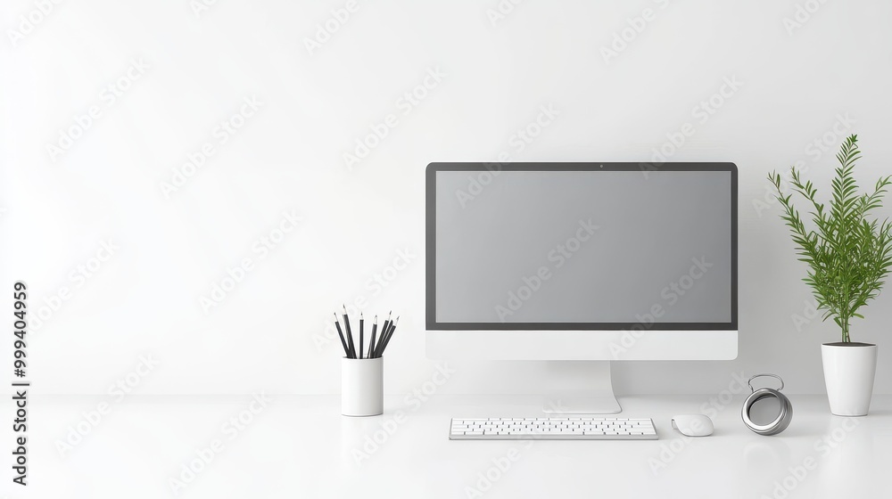 Fototapeta premium A compact, minimalist desktop computer setup on a clean white background. Ideal for tech, workspaces, and productivity themes.