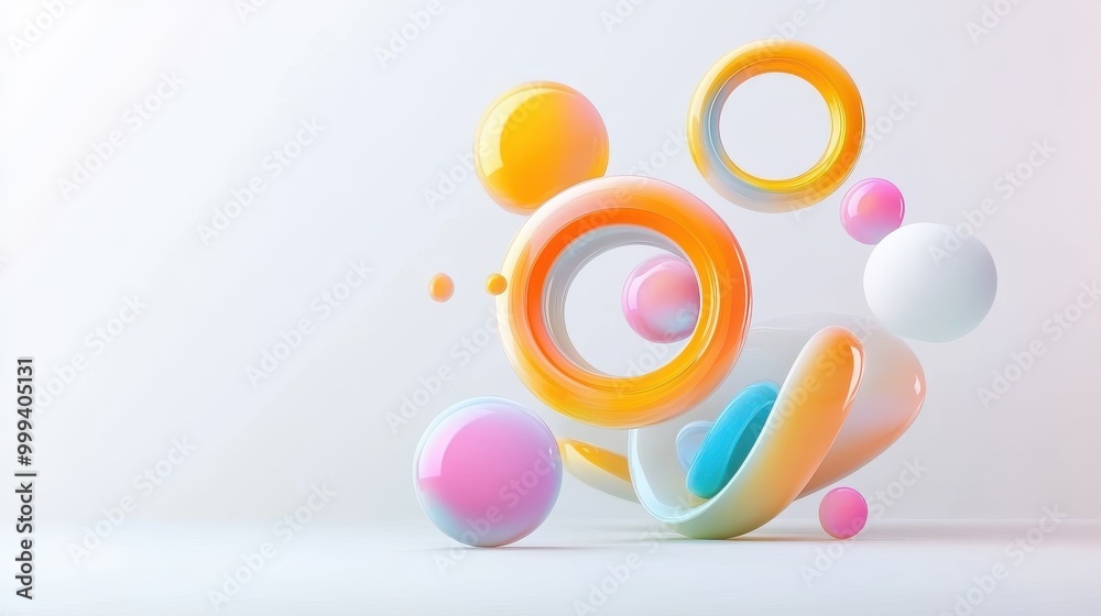 A dynamic composition of 3D rings and gradients floating on a minimalist white background. A dynamic composition of 3D rings and gradients floating on a minimalist white background.