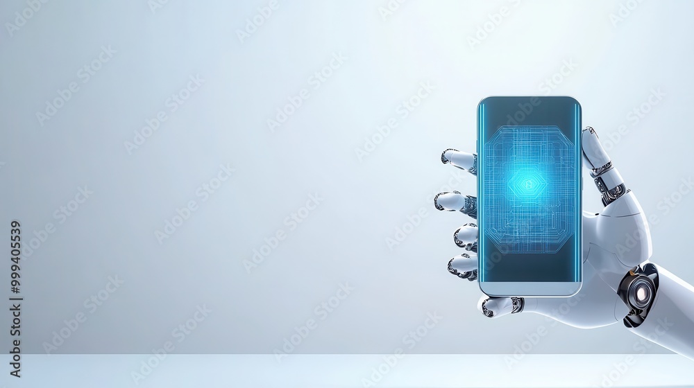 A minimalist white background featuring a robotic arm holding a smartphone with AI holograms. A minimalist white background featuring a robotic arm holding a smartphone with AI holograms.