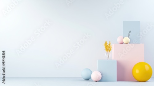 A minimalist design with pastel blocks and spheres arranged on a white background.
