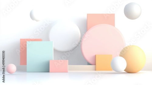 A minimalist design with pastel blocks and spheres arranged on a white background.