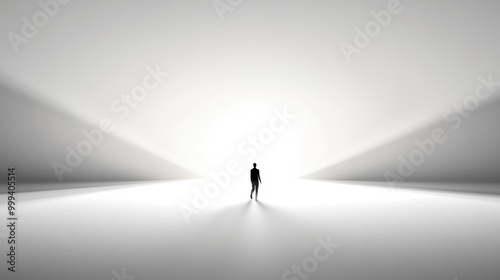 A lone figure walking into a blur of light on a white background, creating an ethereal effect.