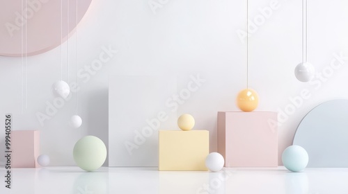 A minimalist design with pastel blocks and spheres arranged on a white background.