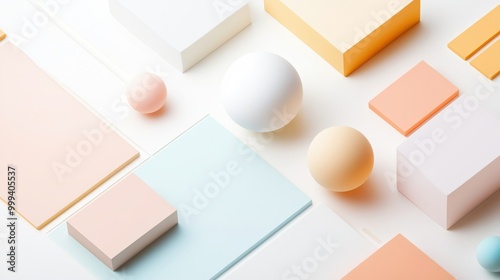 A minimalist design with pastel blocks and spheres arranged on a white background.