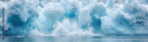 A stunning capture of a glacier calving into the ocean, showcasing vibrant blue hues and powerful water dynamics. photo