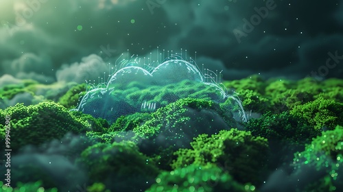 A surreal digital landscape featuring glowing clouds above a lush, green terrain.