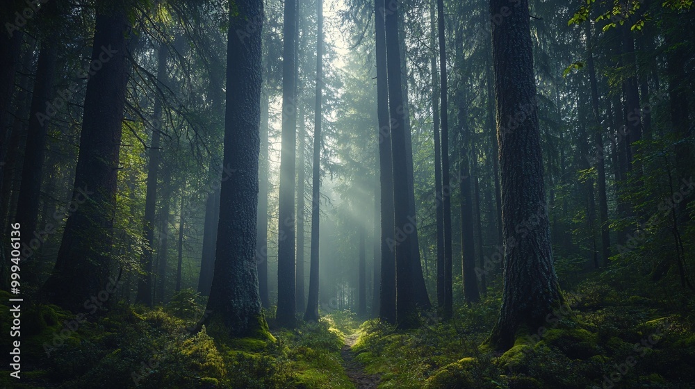 Obraz premium A serene forest scene with towering trees, sunlight filtering through the foliage, creating a peaceful and mystical atmosphere.