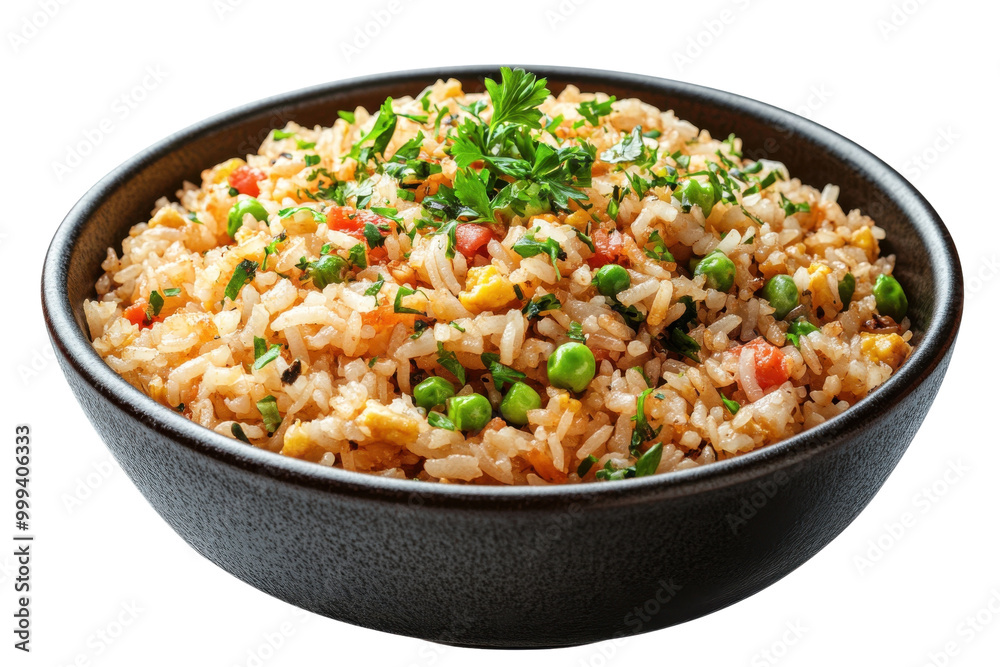 Delicious bowl of fried rice topped with fresh herbs and vegetables, isolated on a white background. Delicious bowl of fried rice topped with fresh herbs and vegetables, isolated on a white background.
