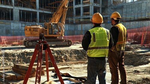 Generate a photo realistic image of project inspectors conducting an inspection at a construction site, with inspection checklist, site assessment tools, inspection findings discussion photo