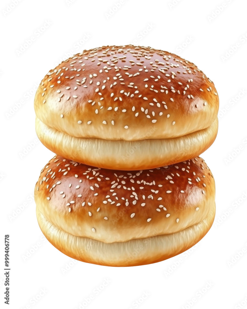 Two freshly baked sesame seed burger buns on a white isolated background. Two freshly baked sesame seed burger buns on a white isolated background.