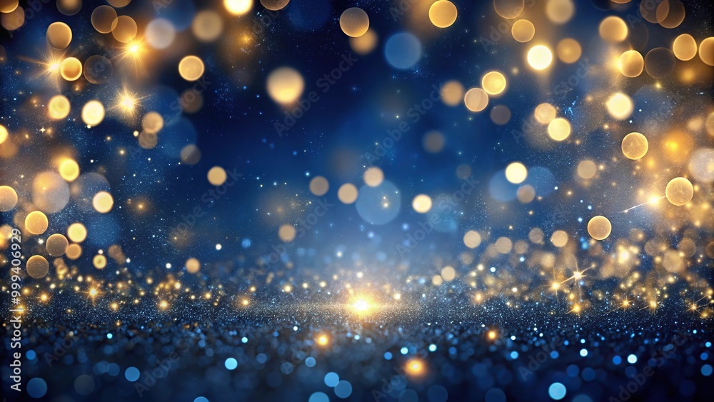 Obraz premium Abstract background of dark blue and gold particles with Christmas golden light shine bokeh on navy blue background