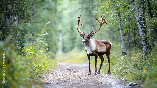 A reindeer standing on a forest trail surrounded by trees