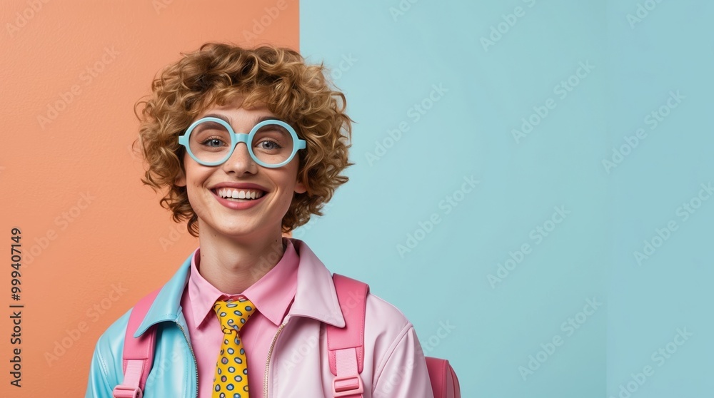 A spirited individual with curly hair and oversized glasses beams a smile while wearing a pastel outfit and carrying a backpack, perfectly capturing youthful exuberance A spirited individual with curly hair and oversized glasses beams a smile while wearing a pastel outfit and carrying a backpack, perfectly capturing youthful exuberance