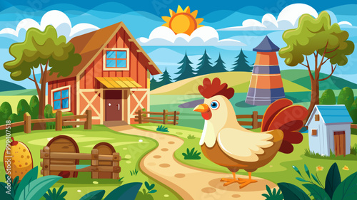 Chicken or hen on traditional farm, homestead with cottage house. Countryside landscape, rural lifestyle. Free range chickens