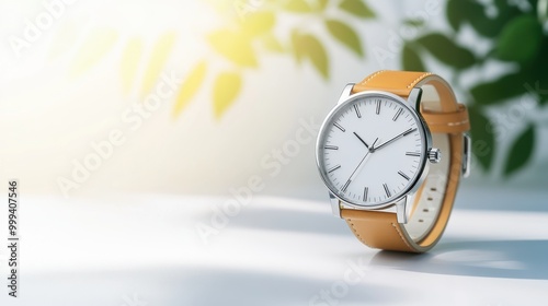 An elegant wristwatch displayed on a clean white background, bathed in soft natural sunlight.