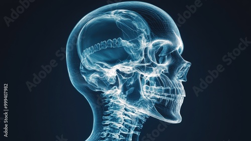 Head x-ray image, detailed skull bones and jaw, 3D illustration