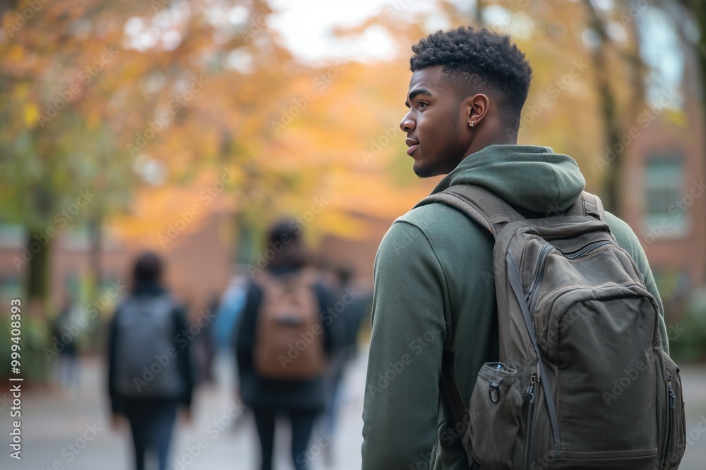 An African American male student walking on the campus An African American male student walking on the campus
