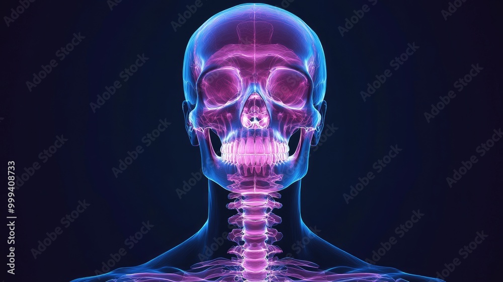 Human skull x-ray with neck vertebrae, clinical view, 3D illustration Human skull x-ray with neck vertebrae, clinical view, 3D illustration