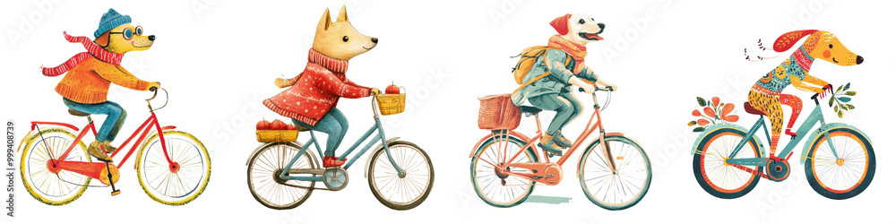 Obraz premium Whimsical depicting a group of colorful cartoon style dogs riding bicycles in a cheerful vibrant urban environment The image conveys a sense of playfulness