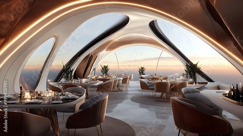 Futuristic Restaurant Interior Design with Panoramic City Views