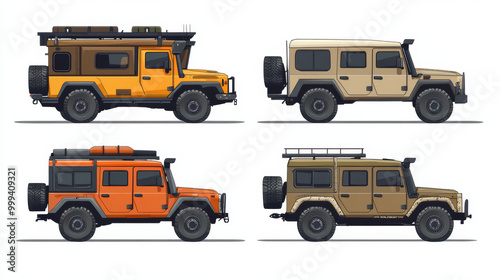 Bundle set of isolated vector illustrations of an overland truck in side view photo