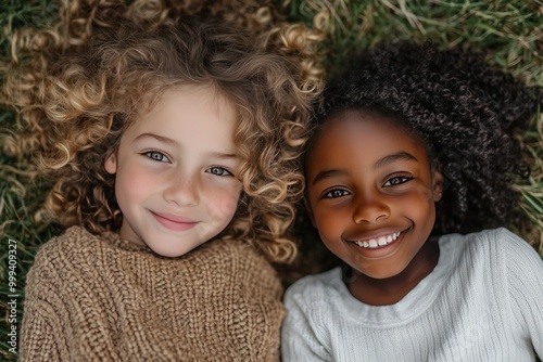 Two multiracial children laughing and playing on the grass