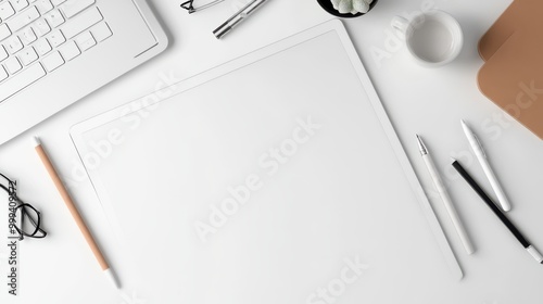 Flat lay of a digital stylus and tablet on a white background, perfect for creative, tech, and design-related themes. Sleek and minimalist.