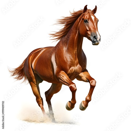 Majestic Chestnut Stallion Galloping Through Scenic Meadow in Vibrant Romantic Painting