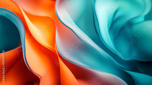 Flowing waves of orange and teal fabric create an abstract composition in soft light
