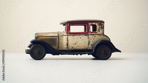 A vintage wind up toy car its paint slightly chipped sitting on a pristine white surface.  photo