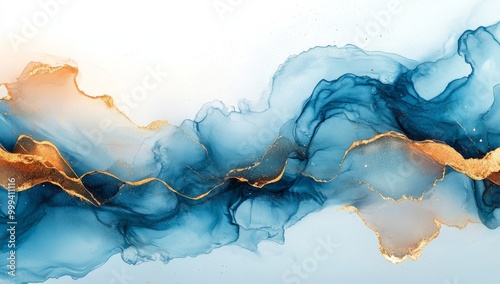 Abstract background with alcohol ink painting, using a blue and brown color palette with gold details. The artwork features beautiful patterns of clouds and waves against a white sky.