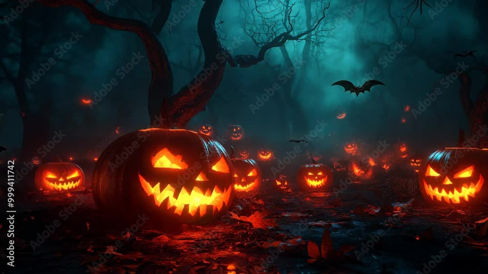 Pumpkins with carved faces against a background of a mysterious forest and blue sky, flying bats creating a mystical Halloween atmosphere. Suitable for Halloween decorations and events Pumpkins with carved faces against a background of a mysterious forest and blue sky, flying bats creating a mystical Halloween atmosphere. Suitable for Halloween decorations and events