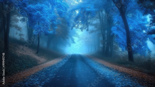 A foggy road through a forest of glowing blue trees, the autumn leaves gently falling in the light mist, as the road fades into the distance