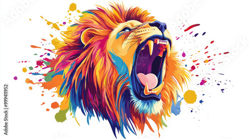 Colorful vector logo of a lion's roar for t-shirt printing, featuring modern vibrant abstract painting symbolizing freedom photo