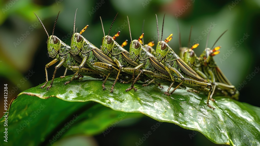 A group of grasshoppers clustered together on a large leaf, moving in unison as they feed. A group of grasshoppers clustered together on a large leaf, moving in unison as they feed.