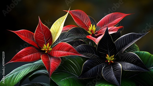 Red and Black Tropical Leaves with Veins