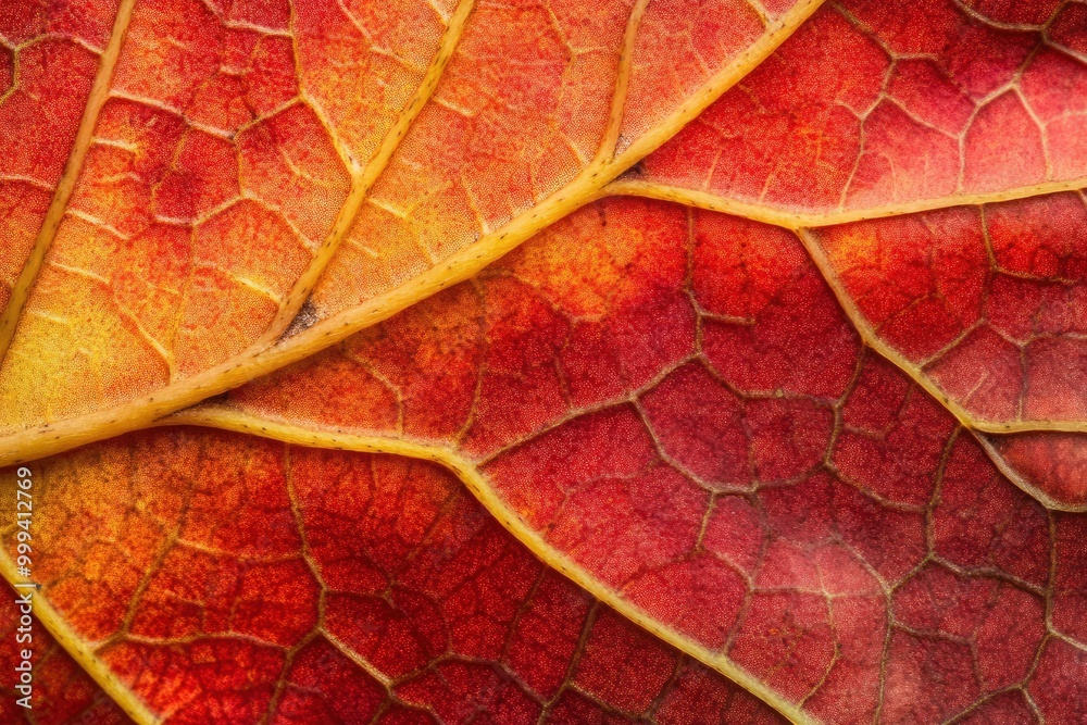 Fototapeta premium Close-up of a red and yellow leaf with intricate veins.