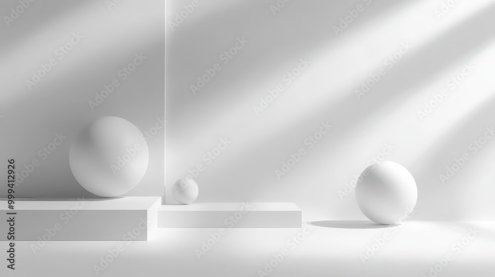 Simple shapes like spheres and cubes on a clean white surface with soft, directional shadows.