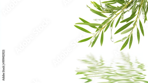 Horizontal Melaleuca Alternifolia (Tea Tree) Branch with Water Droplets and Reflection on White Background for Spa, Health, and Beauty Concepts in Banners and Posters